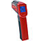 Rotes Thermometer mit digitaler Anzeige: 28,4 Grad Celsius. Die Aufschrift lautet: Vorsicht Laser. Am Griff ist ein Knopf mit C/F.