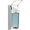 Grijze zeepdispenser met witte deksel en turquoise inhoud, metalen houder.