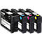 Vier KMP inktcartridges in zwart, cyaan, magenta en geel op een witte achtergrond.