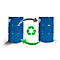 Twee blauwe vaten met recyclingsymbool en pijlen. IBS-logo.
