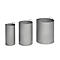 Three differently sized cylindrical metal containers, with handles on top.
