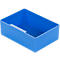 Blue, rectangular plastic box. With a recess on the side.