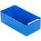 A blue, rectangular plastic storage box. It is light blue inside, with a small recess on the side.