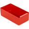 Red rectangular storage box with rounded edges. A recess is located in one corner.