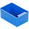 Blue rectangular plastic box with a recess on the side.