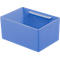 Blue, rectangular storage box with a handle.