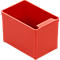 Red plastic container with a rectangular shape, with a small recess on one side.