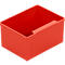Red rectangular plastic storage box with a handle cutout on top.