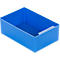 A blue, rectangular storage box with a handle. The box is empty.