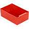 Red rectangular plastic box. A small cutout on the short side.