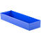 Blue rectangular tray, without content. A recessed grip on one short side.