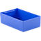 Blue, rectangular storage box with a handle on the short side.