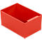 Red plastic box, rectangular shape, with a cut-out on the side. The box stands on a white surface.