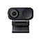 Schwarze Insta360 Webcam mit 4K-Objektiv auf einem Monitorständer, grüne Statusleuchte leuchtet.
