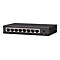 Schwarzer 8-Port Netzwerk-Switch mit rückseitigem Stromanschluss vor weißem Hintergrund.