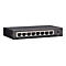Schwarzer 8-Port Netzwerk-Switch aus Metall vor weißem Hintergrund.
