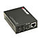 Schwarzer Intellinet Fast Ethernet Media Converter mit ST-Glasfaseranschlüssen und RJ45-Port auf weißem Grund.