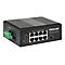 Schwarzer Netzwerk-Switch mit acht Ports, grauen Streifen und grÃ¼nen AnschlÃ¼ssen.