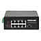 Ein schwarzer 8-Port Gigabit Ethernet PoE+ Switch. Auf der Vorderseite befinden sich Ports, Anzeigen und ein Schalter. Die Marke ist Intellinet.