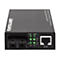 Schwarzer Intellinet Gigabit Ethernet Medienkonverter mit SC-Anschluss und RJ45-Port sowie LED-Statusanzeigen.