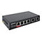 Schwarzer Intellinet PoE-Netzwerk-Switch mit sechs Anschlüssen vor weißem Hintergrund.