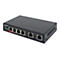 Schwarzer Intellinet PoE-Netzwerk-Switch mit sechs Anschlüssen vor weißem Hintergrund.