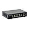 Schwarzer Intellinet PoE Netzwerk-Switch mit vier PoE-Ports, einem Uplink-Port und Status-LEDs.
