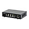 Schwarzer Intellinet PoE-Netzwerk-Switch mit vier Ports und einem Uplink-Port vor weißem Hintergrund.