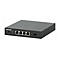 Schwarzer Intellinet Netzwerk-Switch mit vier LAN-Ports und einem SFP-Port vor weißem Hintergrund.