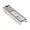 SFP+ Glasfaser-Transceiver in Metallausführung mit weißem Etikett und technischen Daten vor weißem Hintergrund.
