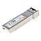Silberner SFP+ Glasfaser-Transceiver mit Aufkleber und Spezifikationen vor weißem Hintergrund.