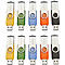 Mehrfarbige USB-Sticks mit Drehmechanismus. Gelb, grün, blau, orange, schwarz.