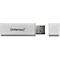 Silberner USB-Stick mit (Intenso)® Aufschrift und weißer Kappe.