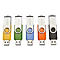 Fünf farbige USB-Sticks mit drehbarem Metallschutz, Logo 'Intenso'.