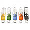 Fünf farbige USB-Sticks mit dem Intenso-Logo, nebeneinander auf weißem Hintergrund.