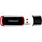 Ein schwarzer USB-Stick mit rotem Rand und Schlaufe, Marke Intenso. Einzelne Kappe daneben.