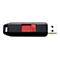 Schwarzer USB-Stick mit einem roten Schiebemechanismus vor weißem Hintergrund.