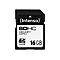 Schwarze SDHC-Speicherkarte von Intenso, 16 GB, mit weiÃŸem Label und Schriftzug.