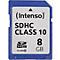 Blaue SD-Karte mit weißem Aufkleber, Intenso-Logo, SDHC Class 10, 8 GB.