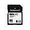 Schwarze SDHC-Speicherkarte von Intenso. Aufschrift: SDHC Memory Card, 8GB und Logo.