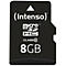 Schwarze microSDHC-Speicherkarte mit weißem Text. Oben steht (Intenso), darunter micro SD HC, Class 10, 8GB. Oben ein weißer Pfeil.