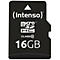 Schwarze microSD-Karte mit weißem Text. Oben steht (Intenso). Darunter: Micro SD HC. Am unteren Rand: CLASS 10 und 16 GB.