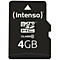 Schwarze microSD-Karte mit weißem Text: Intenso, microSDHC, Class 10, 4GB.