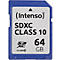 Blaue SD-Karte mit weißem Label. Aufschrift: (Intenso) SDXC CLASS 10 64 GB.