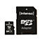 Ein schwarzer Micro-SD-Kartenadapter und eine Micro-SD-Karte von Intenso. Auf beiden sind Schriftzüge wie "Micro", "Adapter" und "64GB" zu sehen.