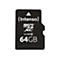 Schwarze SD-Karte mit weißem Text. Oben steht Intenso, darunter micro SDXC, Class 10 und 64GB.
