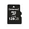 Schwarze microSD-Karte mit weißem Aufdruck. Aufschrift: (Intenso) micro SDXC CLASS 10 128GB.