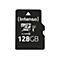 Schwarze microSDXC Speicherkarte, weißer Schriftzug: (Intenso), Micro SD, XC I, Class 10, 128GB.