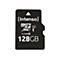 Schwarze Intenso microSDXC Speicherkarte mit 128GB Kapazität, Class 10 und UHS-I Klassifizierung.