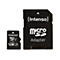 Intenso Micro-SD-Karte mit 128 GB Speicher und passendem Adapter vor weißem Hintergrund.